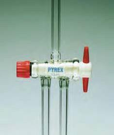 Кран соединительный одноходовой, с двумя отводами, D-2,5 мм, D отвода-9 мм, L-100 мм с ключом из PTFE (Pyrex)