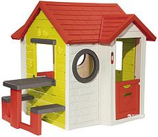 Детский игрушечный домик, с дверью и ставнями, со столом, электронным дверным звонком, почтовым ящиком