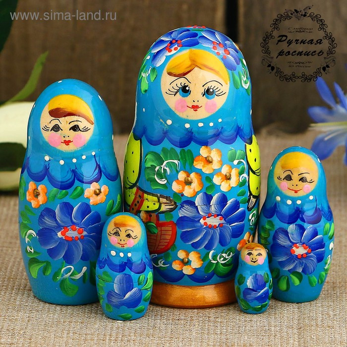 Матрёшка «Корзинка», голубой платок, 5 кукольная, 10,5 см