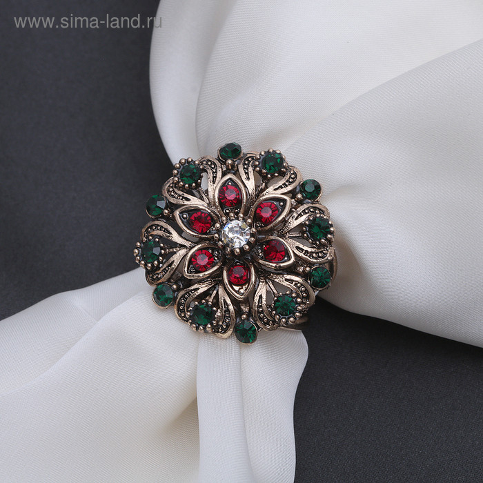 Кольцо для платка "Цветок со стразами", цвет красно-зеленый в черненом золоте