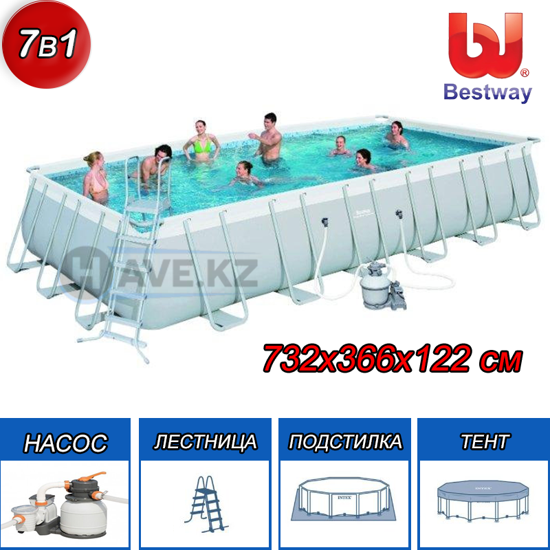 Прямоугольный каркасный бассейн, Power Steel Rectangular, Bestway 56475, размер 732 х 366 х 132 см