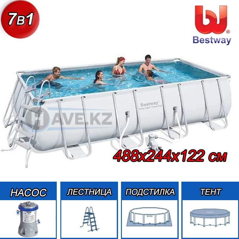 Прямоугольный каркасный бассейн, Power Steel Rectangular, Bestway 56670, размер 488х244х122 см