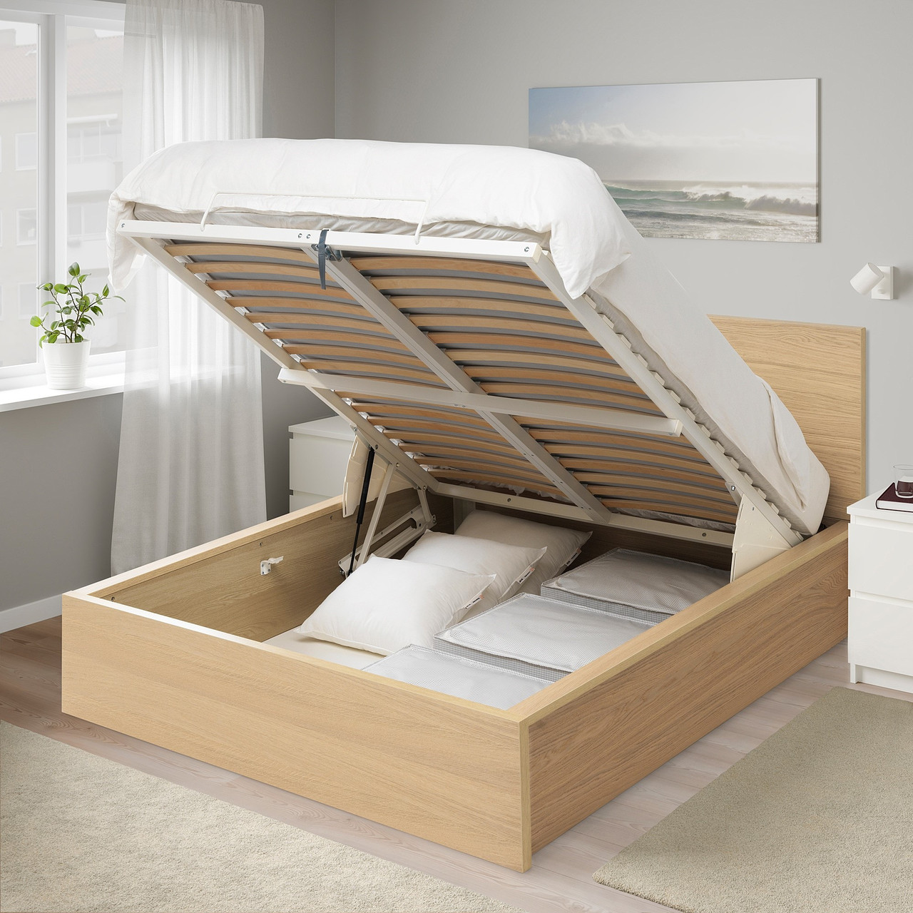 Кровать с подъемным механизмом МАЛЬМ 160х200 дубовый шпон, беленый ИКЕА, IKEA