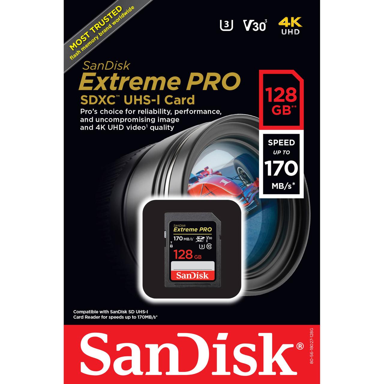 Карта памяти SDXC SanDisk Extreme Pro 128 Gb 170 Mb/s, 1000x (4K-UHD, V30 /U3 Class 10) - фото 3 - id-p63724730
