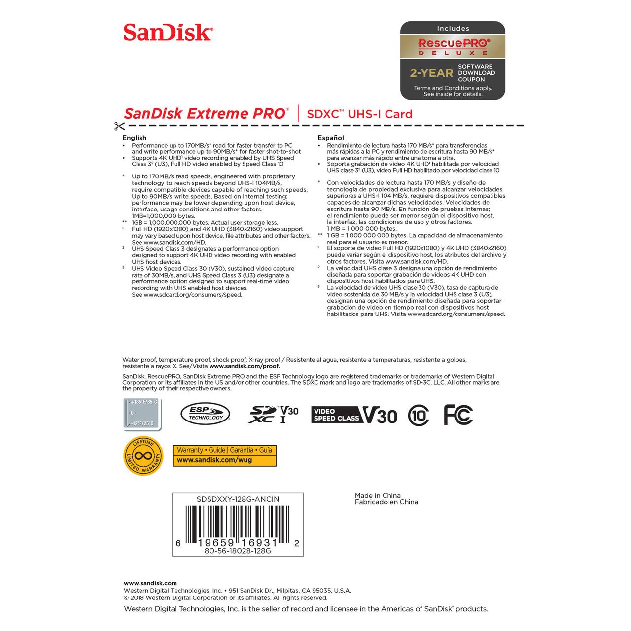 Карта памяти SDXC SanDisk Extreme Pro 128 Gb 170 Mb/s, 1000x (4K-UHD, V30 /U3 Class 10) - фото 4 - id-p63724730