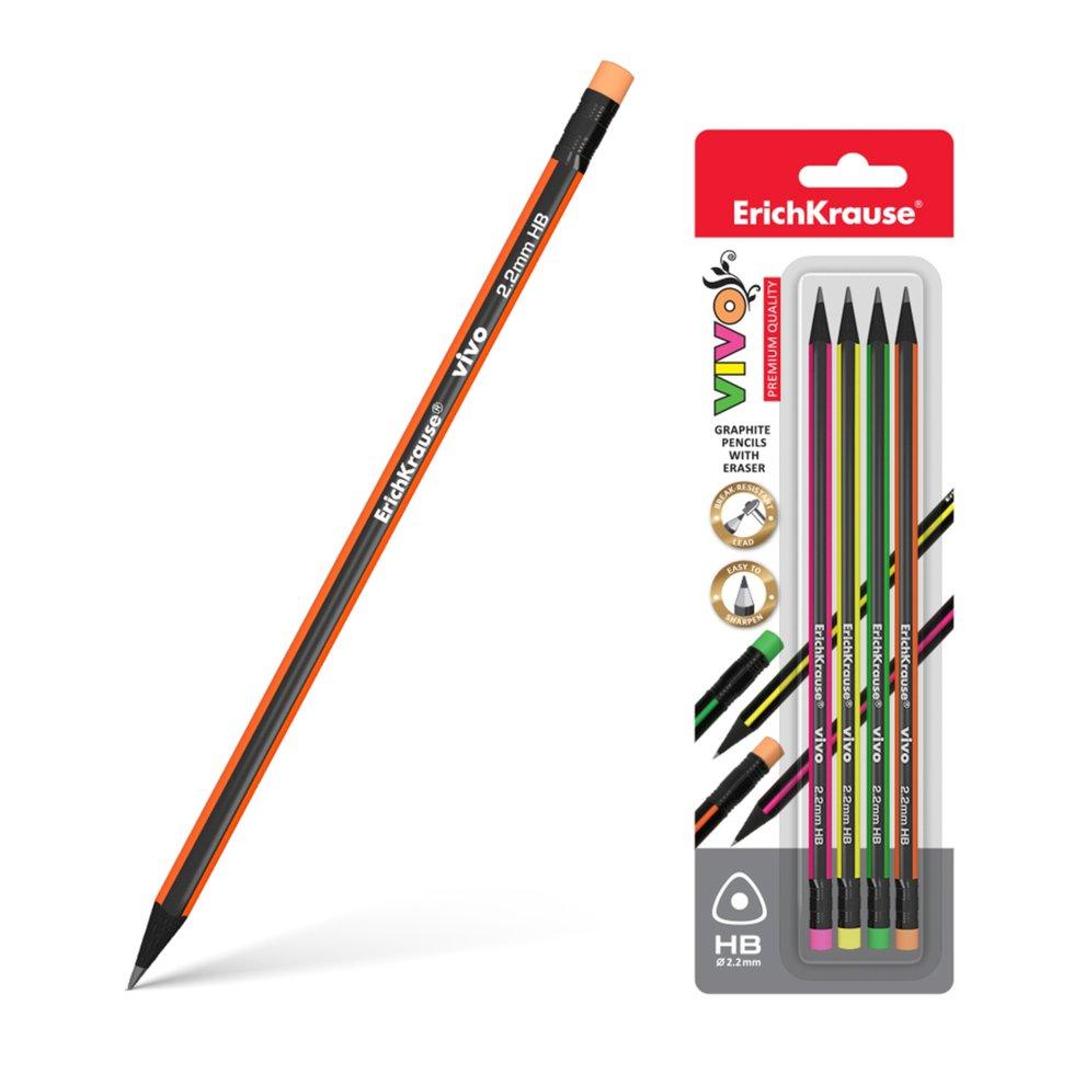 Блистер чернографитных трехгранных карандашей с ластиком ErichKrause® VIVO HB (4 карандаша)