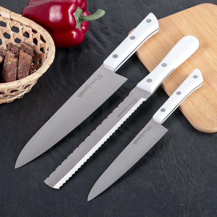 Набор кухонных ножей Samura Harakiri, 3 шт: лезвия 15 см, 18,5 см, 20,8 см, белая рукоять