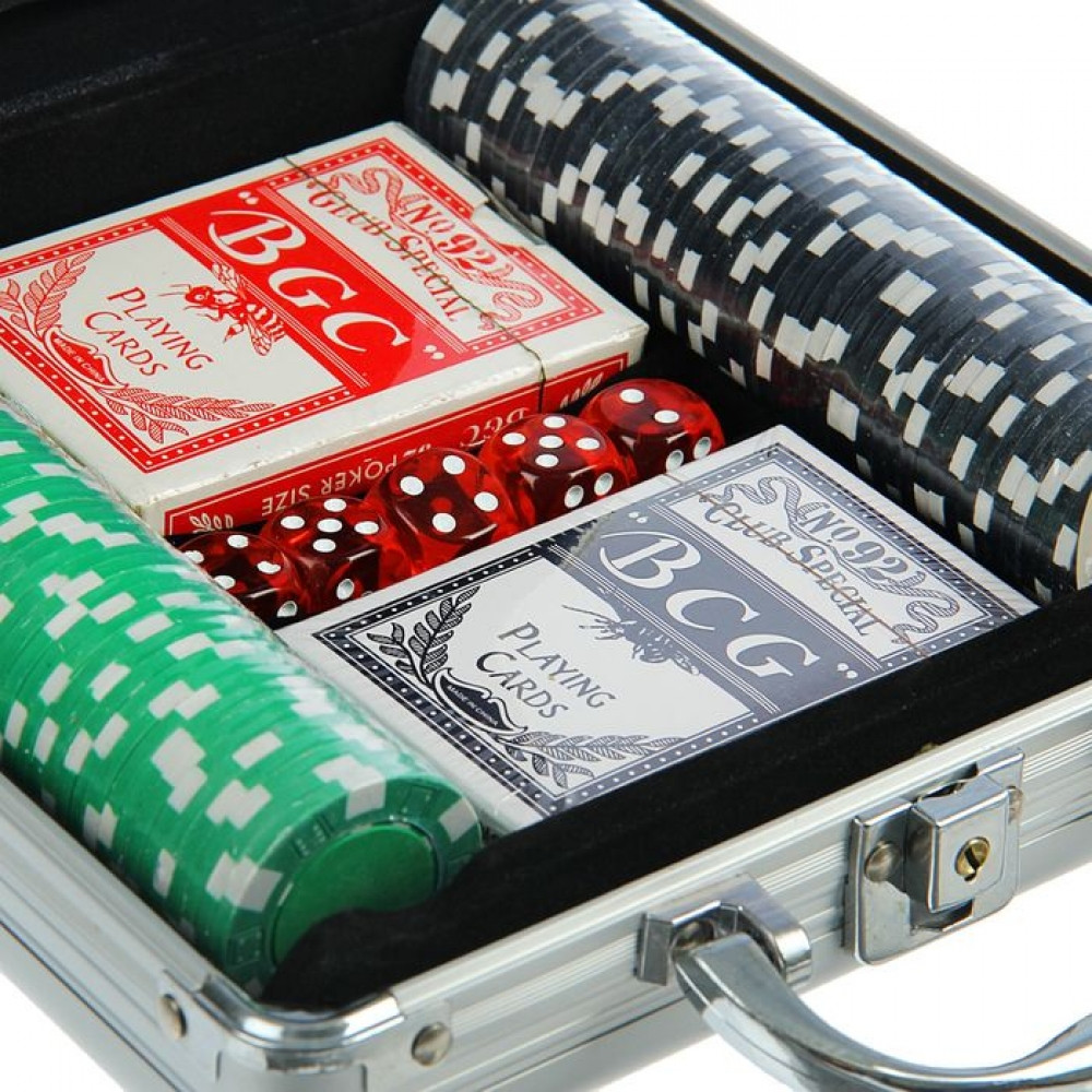 Набор для покера Poker set: карты 2 колоды, фишки 100 шт, 5 кубиков - фото 2 - id-p63834857