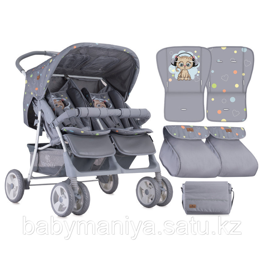 Коляска для двойни Lorelli TWIN + накидка на ножки Серый / Grey CUTE KITTEN 1805