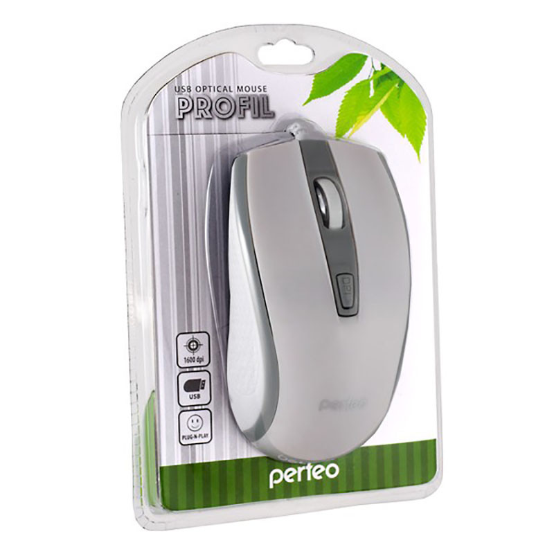 Мышь проводная Perfeo оптическая "PROFIL" 4 кн, USB, DPI 800- 1600 бело-серый (PF-383-OP-W/GR)