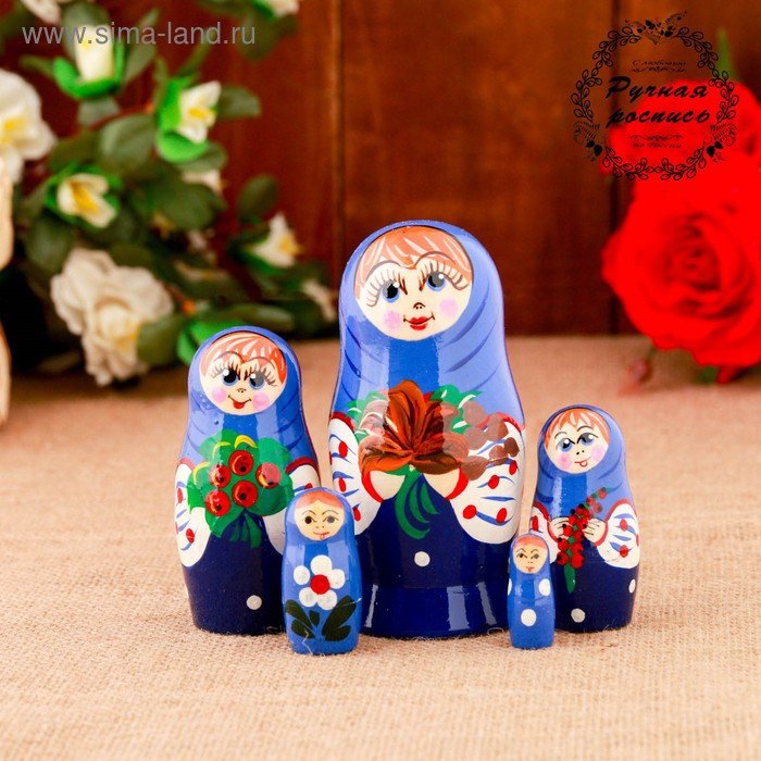 Матрёшка «Ягодки», синий платок, 5 кукольная, 10 см