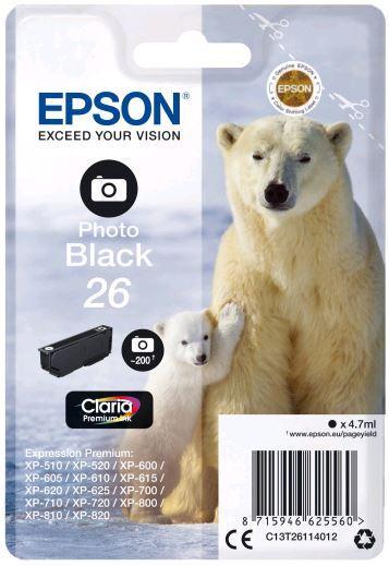 Картридж Epson C13T26114012 (№26), Объем: 4,7 мл, Цвет: Чёрный фото, Совместимость: XP600/605/700/800