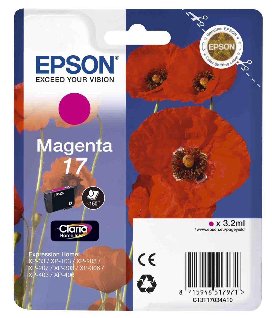 Картридж Epson C13T17034A10 (№17), Объем: 3,2 мл, Копий ( ISO 19752): 150, Цвет: Пурпурный, Совместимость: Exp