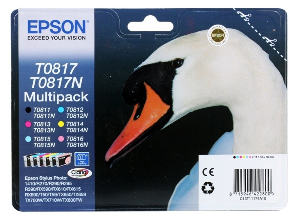 Набор картриджей Epson C13T11174A10 (№T0817, T0817N), Цвет: Чёрный, Пурпурный, Жёлтый, Голубой, Светло-голубой