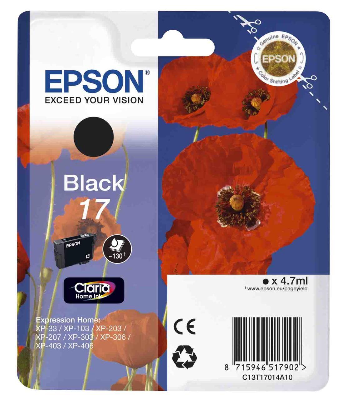 Картридж Epson C13T17014A10 (№17), Объем: 4,7 мл, Копий ( ISO 19752): 130, Цвет: Чёрный, Совместимость: XP33/1