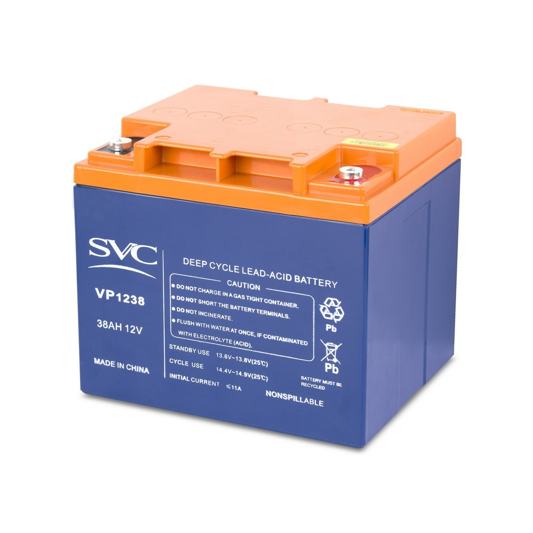 Батарея необслуживаемая (аккумулятор) SVC VP 1238 (12V 38 Ah), Емкость аккумулятора: 38 Ah, Разъемы: F5/F12