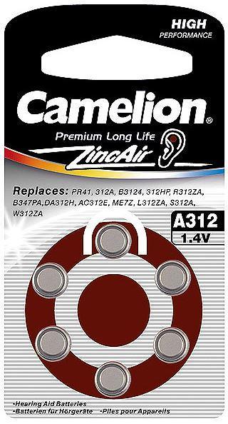Батарейка Camelion A312-BP6 1,4 В, Упакова: Блистер 6 шт., Аналоги: PR41\A312\ZA312\V312A\DA312, Тип батареи: