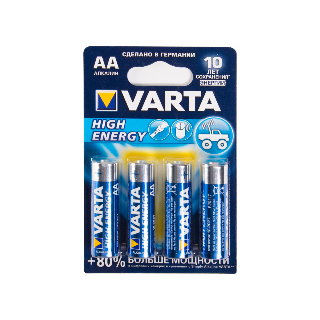 Батарейка VARTA LR6-BP4DG High Energy Mingon 1,5 В, Упакова: Блистер 4 шт., Аналоги: AA, Тип батареи: Щелочная