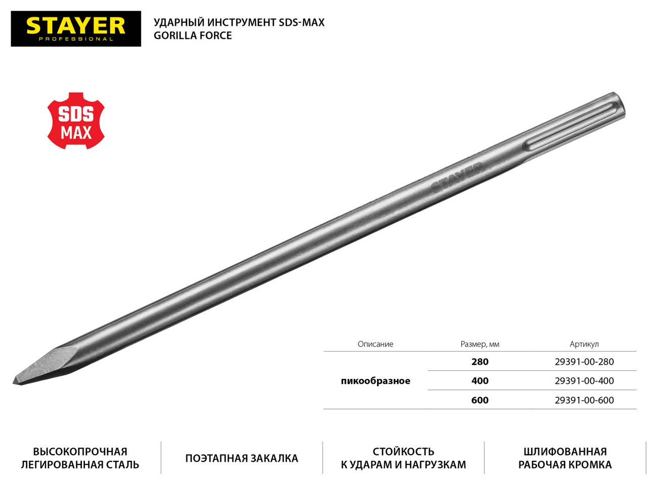 STAYER Gorilla Force SDS-max Зубило пикообразное 400 мм (29391-00-400) - фото 2 - id-p64563389