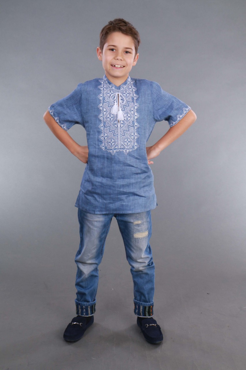 Вышиванка для мальчика 2004, белая вышивка, лен джинс - фото 2 - id-p64577580