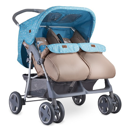 Bertoni Прогулочная коляска для двойни Bertoni TWIN + накидка на ножки (Синий/BLUE&BEIGE MOON BEAR 1955)