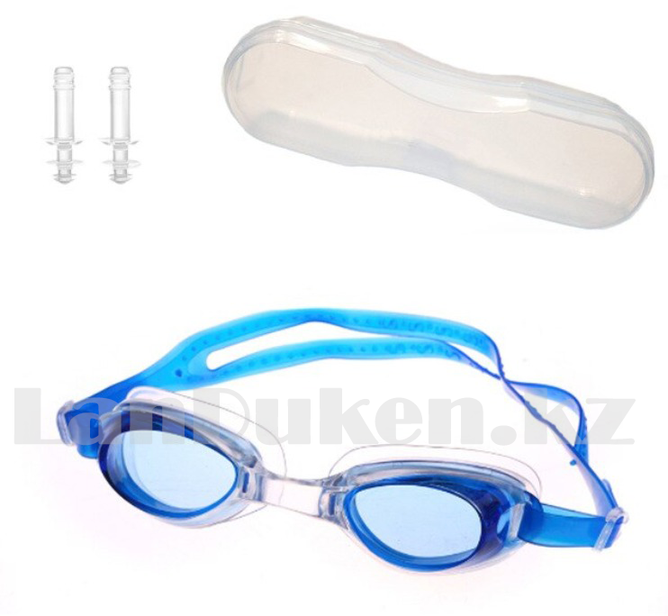 Очки для плавания в пластиковом чехле с берушами, синие