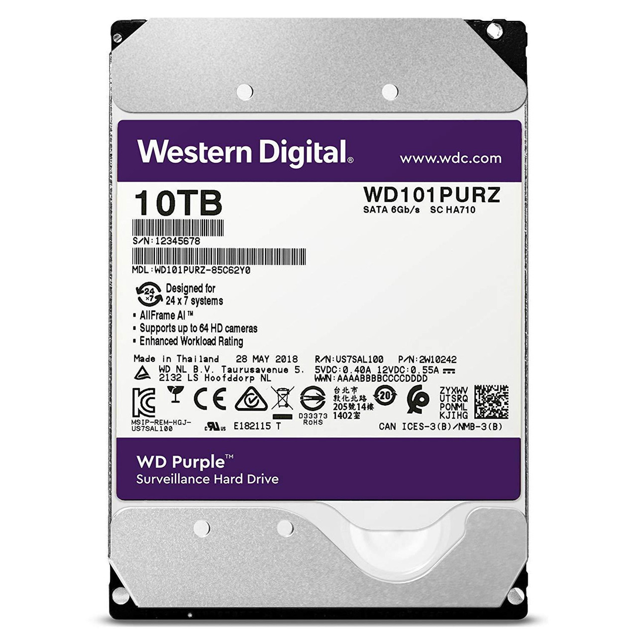 Жесткий диск для видеонаблюдения HDD 10Tb Western Digital Purple Surveillance SATA 7200rpm WD101PURZ