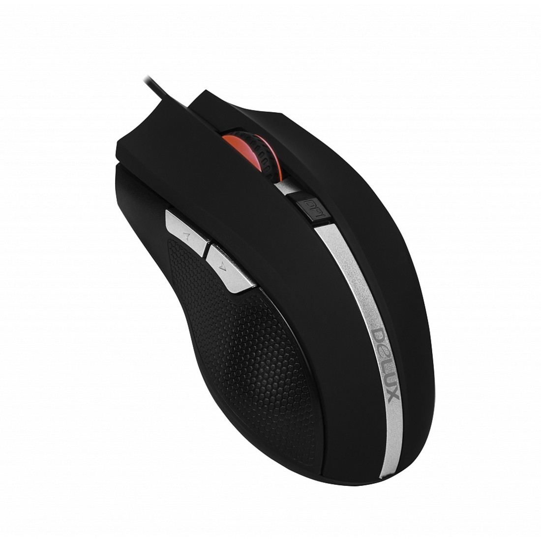 Мышь, Delux, DLM-516OUB, 5D, Вертикальная, Оптическая, 800-1200-1600-2400dpi, USB, Длина кабеля 1, 6 метра, Серебристо-Чёрный