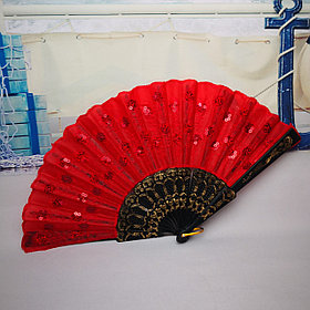 Веер текстильный с пайетками, красный