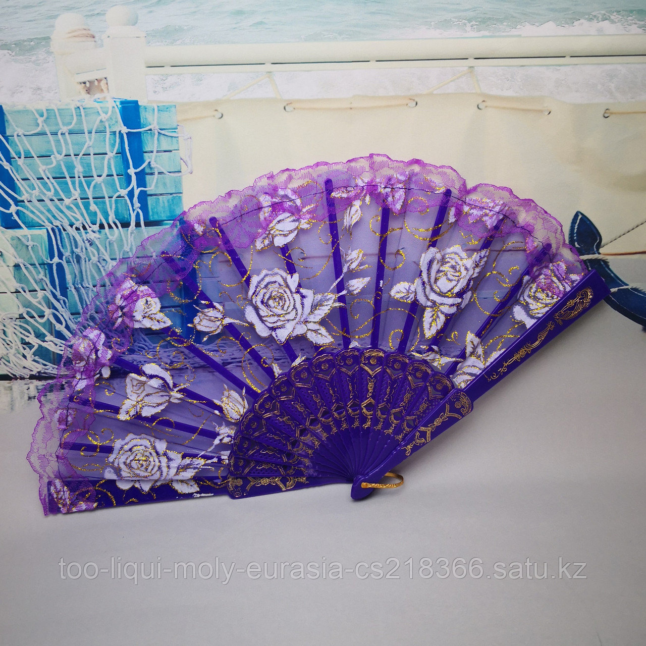 Веер текстильный с розочками, фиолетовый - фото 1 - id-p65172619