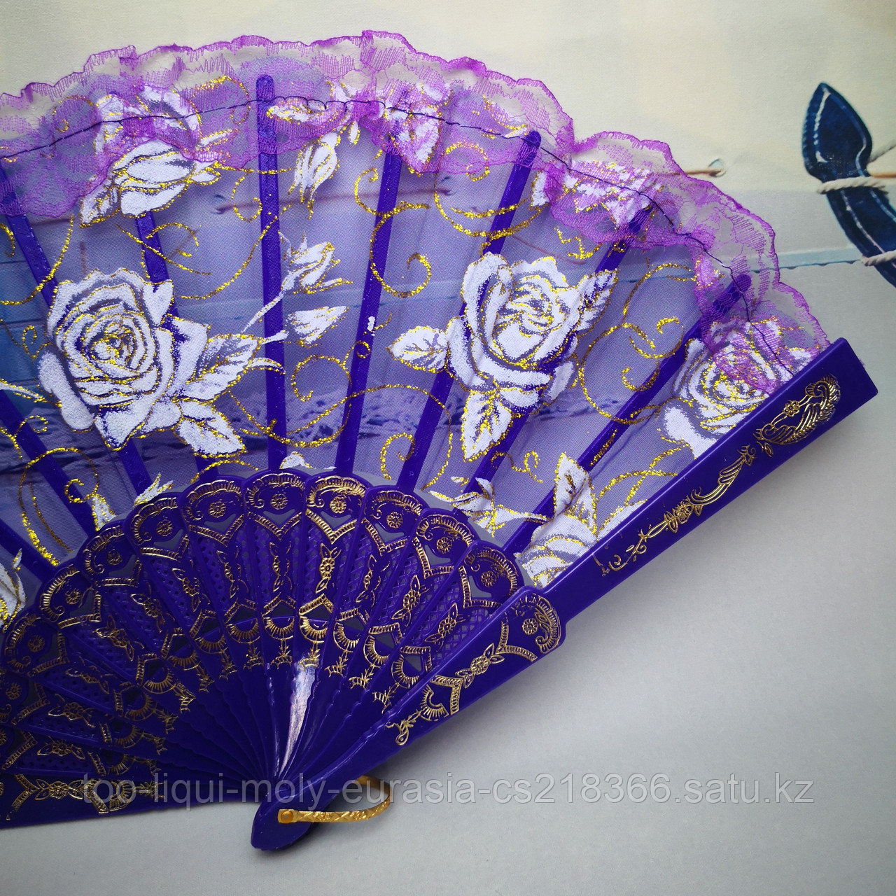 Веер текстильный с розочками, фиолетовый - фото 2 - id-p65172619