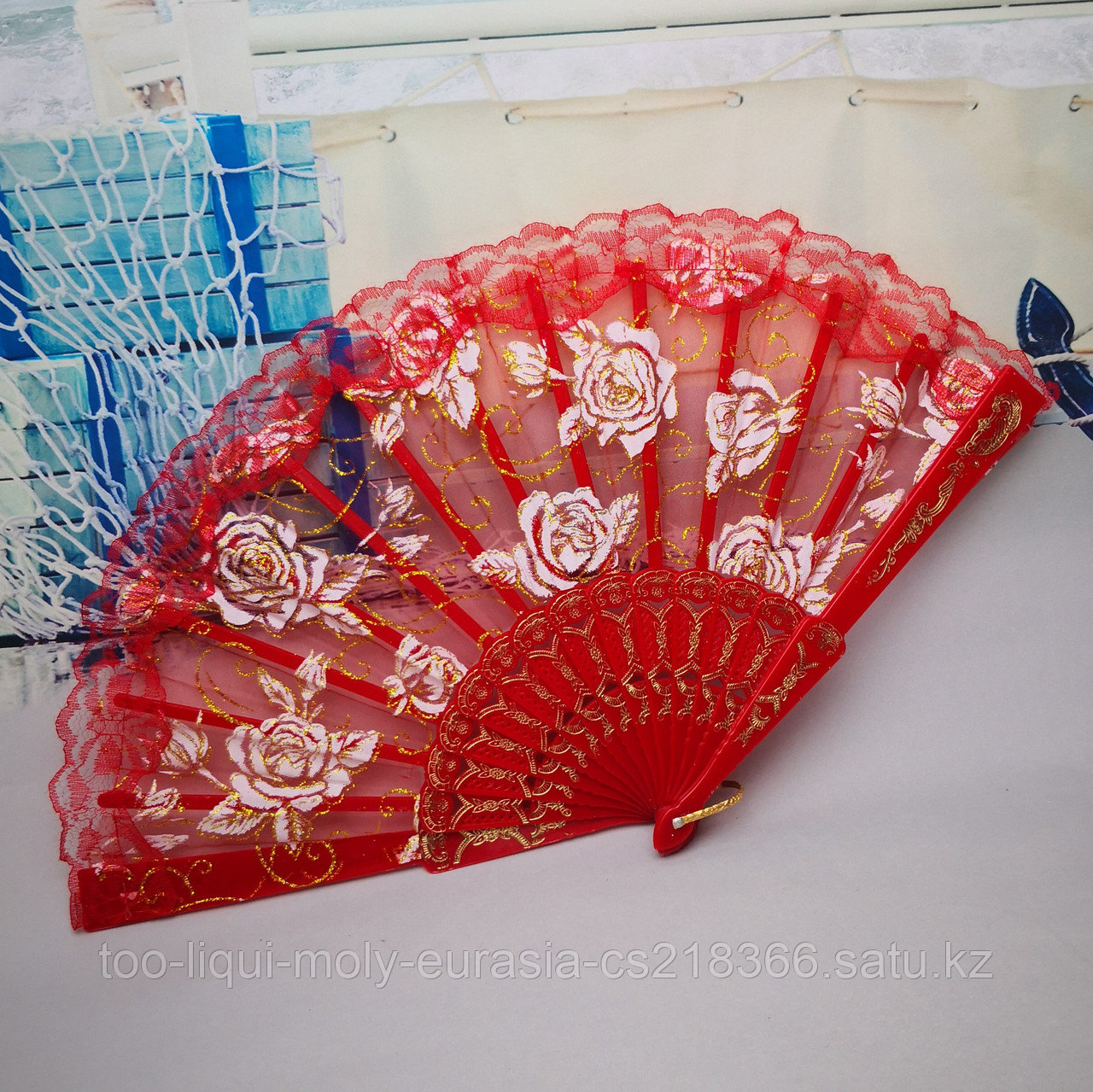 Веер текстильный с розочками, красный - фото 1 - id-p65172642