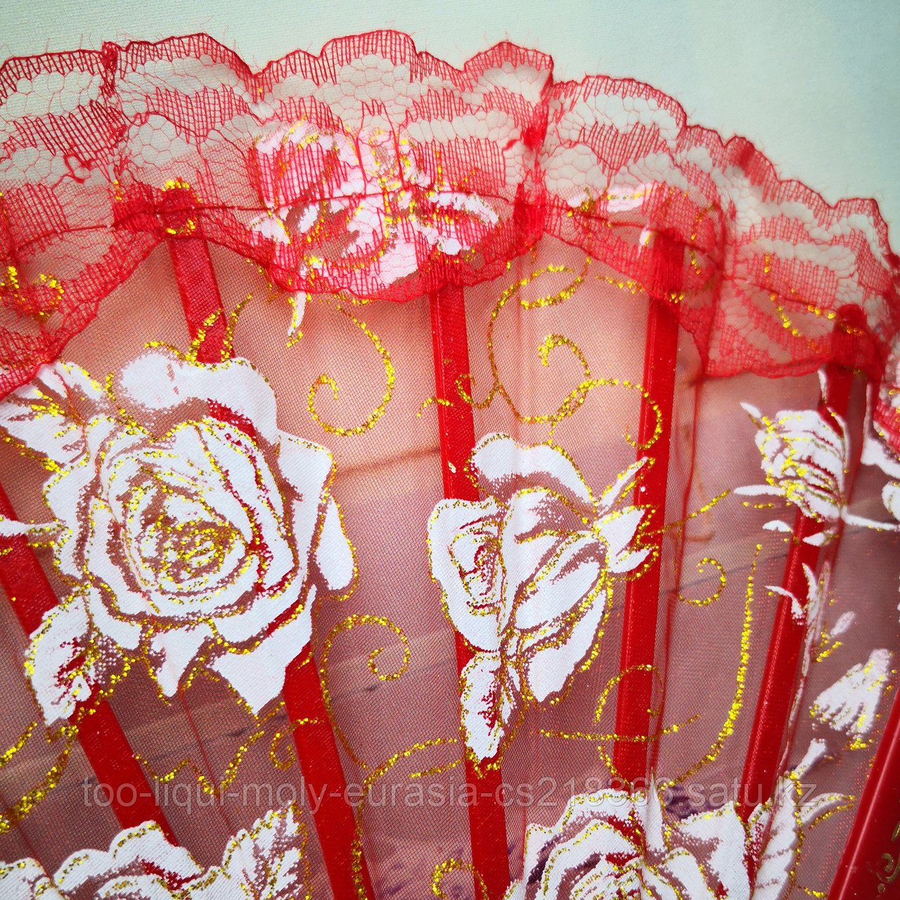 Веер текстильный с розочками, красный - фото 3 - id-p65172642