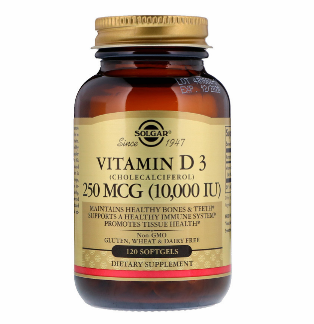 Solgar, Натуральный витамин D3, 10 000 МЕ, 120 гелевых капсул