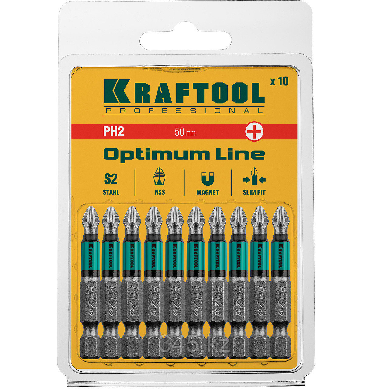 Биты, PH2, 50 мм, Optimum Line, тип хвостовика E 1/4", 10 шт в блистере, KRAFTOOL