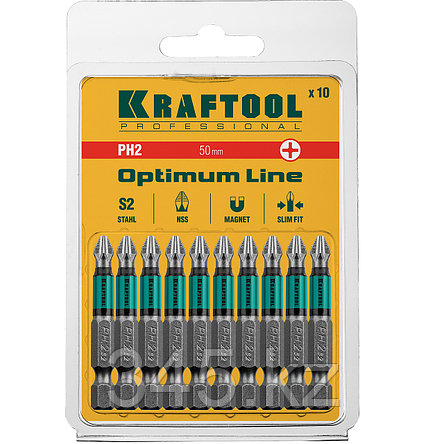 Биты, PH2, 50 мм, Optimum Line, тип хвостовика E 1/4", 10 шт в блистере, KRAFTOOL, фото 2