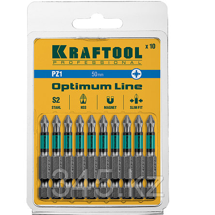 Биты, PZ1, 50 мм, Optimum Line, тип хвостовика E 1/4", 10 шт в блистере, KRAFTOOL, фото 2