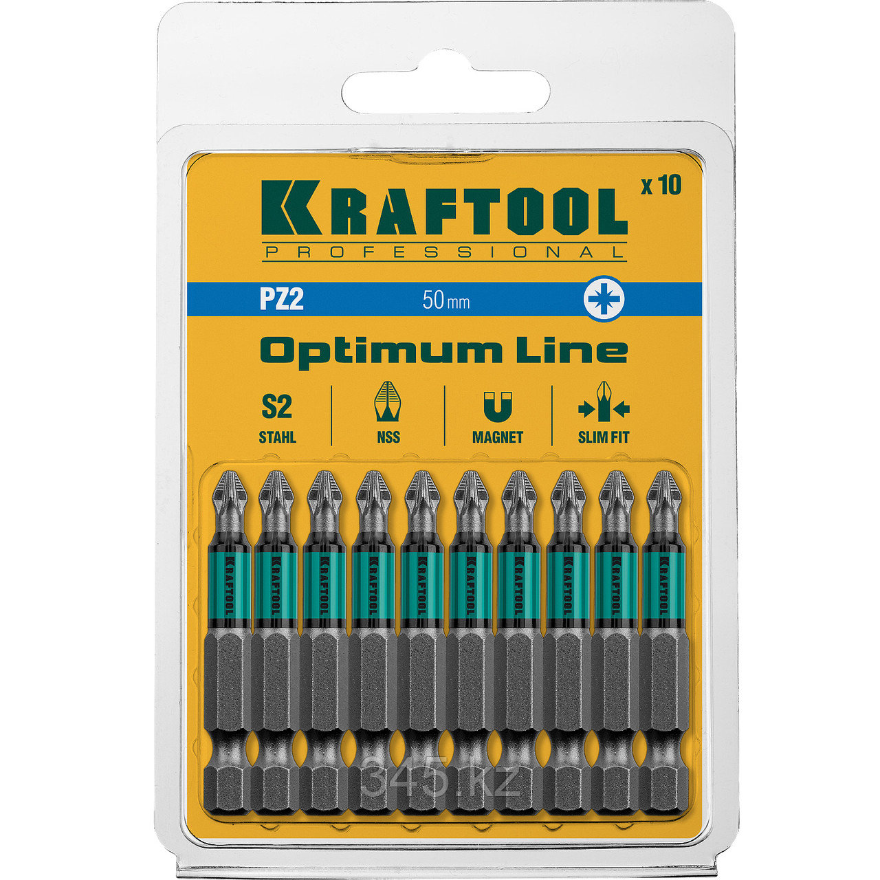 Биты, PZ2, 50 мм, Optimum Line, тип хвостовика E 1/4", 10 шт в блистере, KRAFTOOL