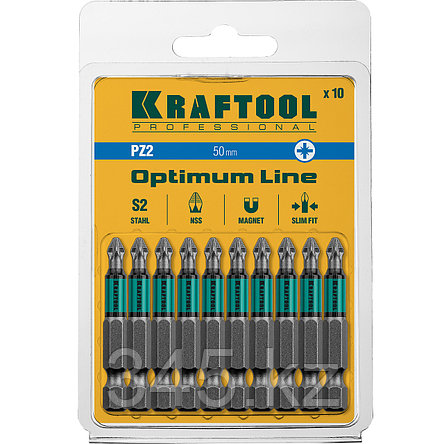 Биты, PZ2, 50 мм, Optimum Line, тип хвостовика E 1/4", 10 шт в блистере, KRAFTOOL, фото 2