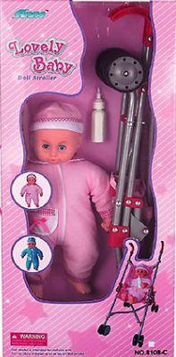                     FEI LI TOYS Кукольная коляска+кукла W.13, 37,5*30*62cm, розовый,  