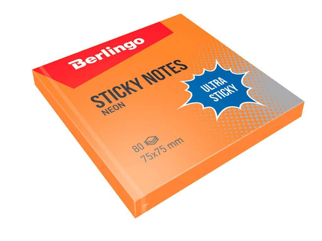 Клейкие листки BERLINGO "Ultra Sticky" 75х75 мм, оранжевый неон, 80 листов