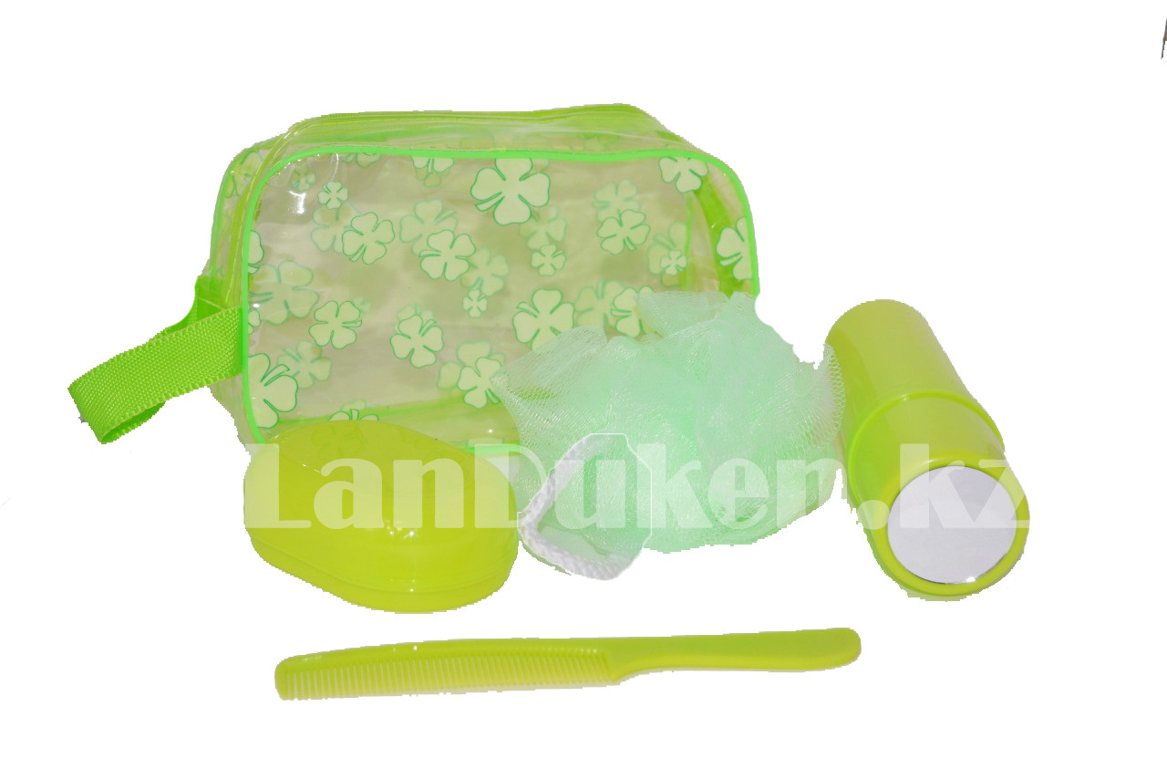 Дорожный набор для душа 5 предметов (мочалка, мыльница, расческа, футляр для зубной щетки, косметичка) зеленый - фото 2 - id-p65213369