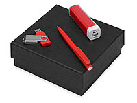 USB флэш-дискісі, қаламы және зарядтағышы бар On-the-go сыйлық жинағы, қызыл