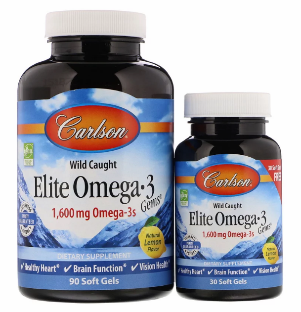 Carlson, Wild Caught, Elite Omega-3 Gems, отборные омега-3 кислоты, натуральный лимонный вкус, 800 мг, 90 +30