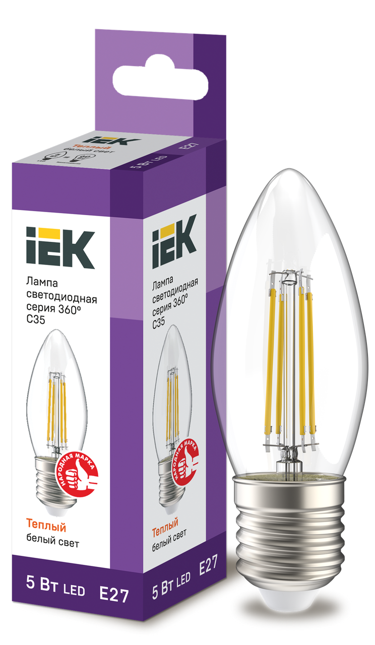 Лампа LED C35 свеча прозр. 5Вт 230В 3000К E27 серия 360° IEK - фото 1 - id-p65685814