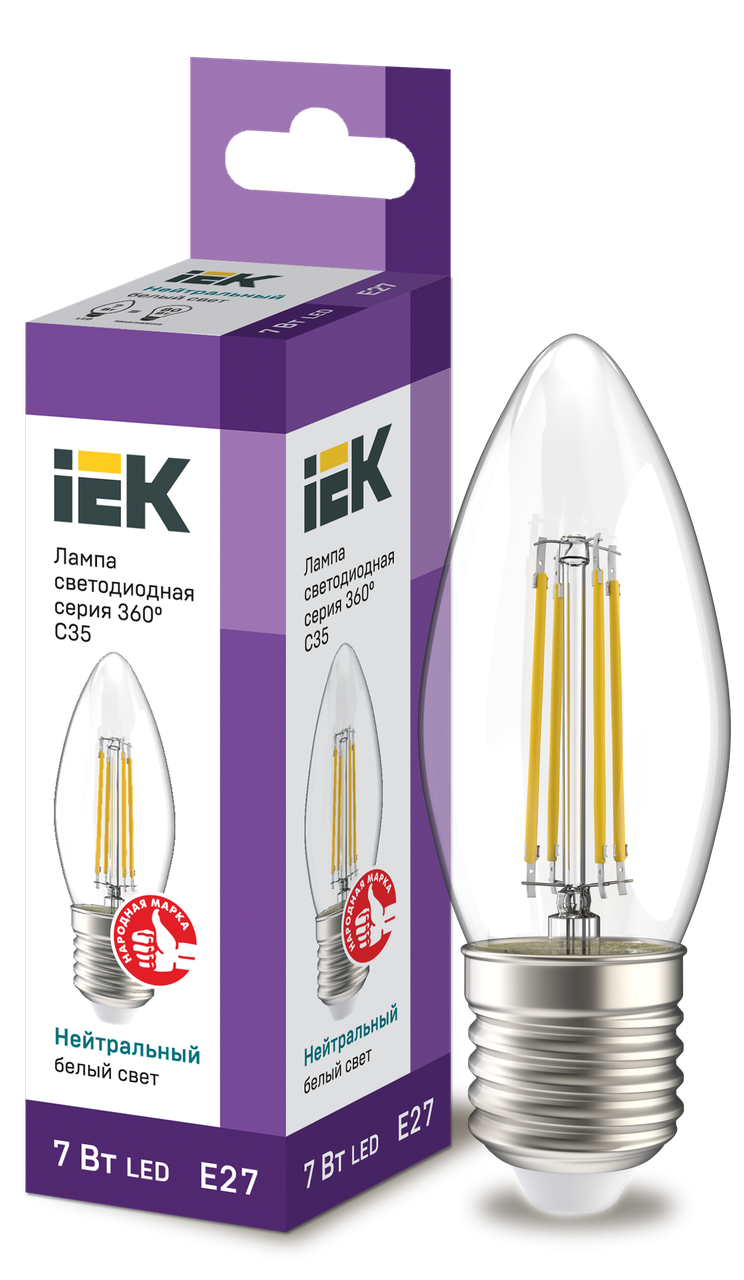Лампа LED C35 свеча прозр. 7Вт 230В 4000К E27 серия 360° IEK - фото 1 - id-p65685823