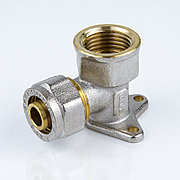 Уголок с креплением для м/п трубы с внутр. резьбой Дн 16х1/2" обжим латунь никель (120/10)