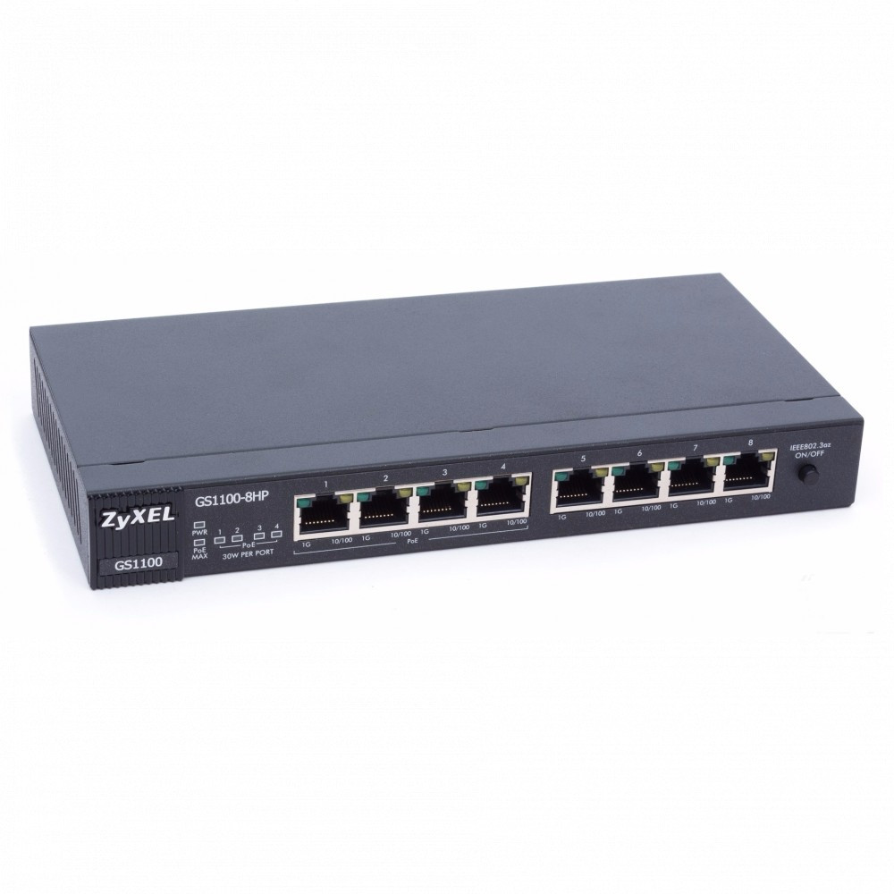 Коммутатор Zyxel Gigabit Ethernet (1000 Base-TX (1000 мбит/с), Без SFP портов) GS1100-8HP