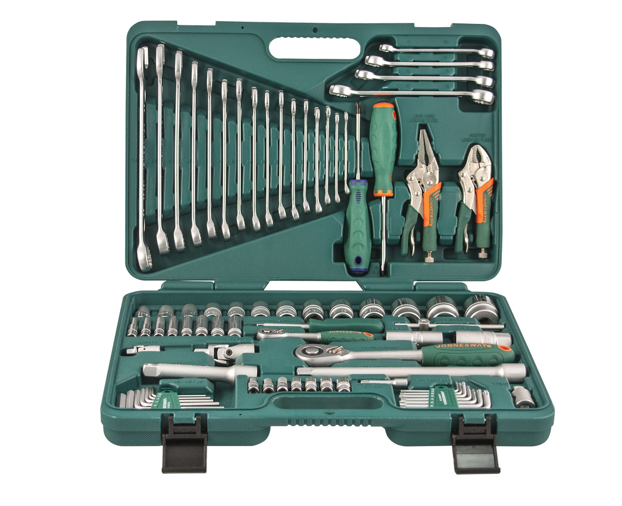 Универсальный набор торцевых головок 1/4"DR 5-12 мм и 1/2"DR 12-32 мм, отверток, комбинированных ключей 6-24 мм, разрезных ключей 8-19 мм и угловых