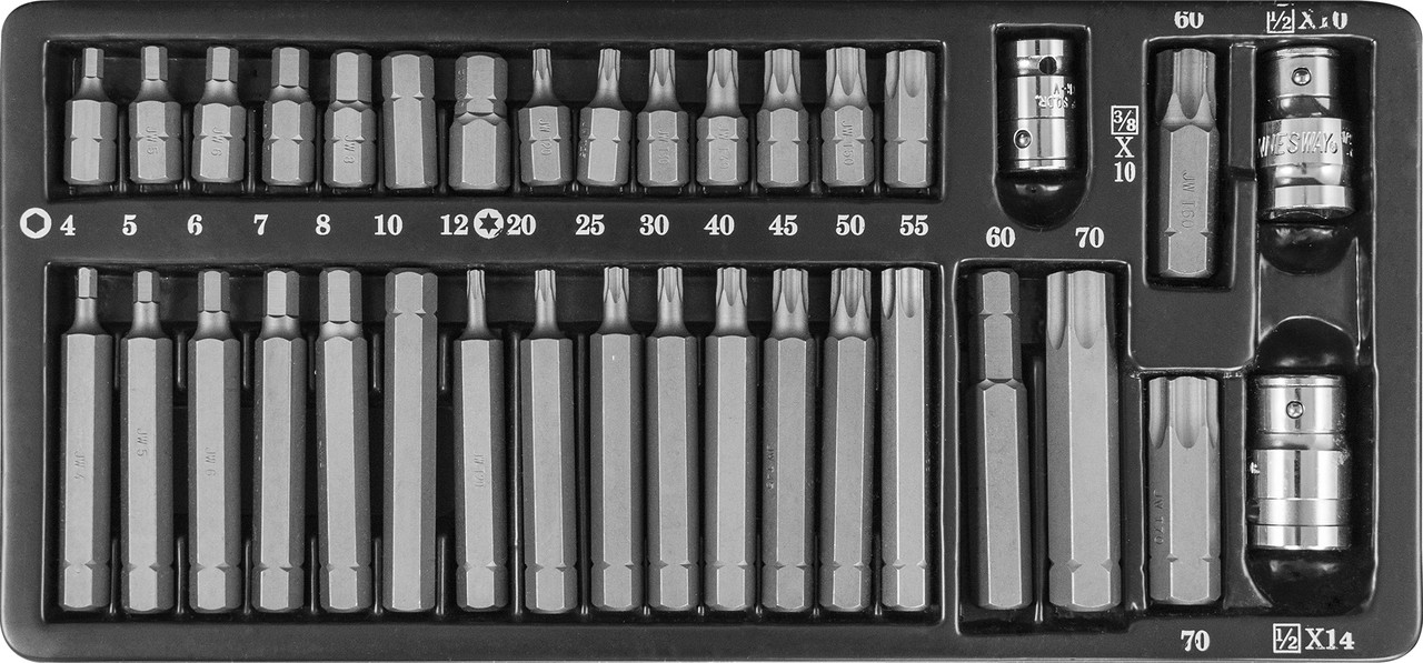 Набор вставок-бит 10 мм шестигранных Н4-12мм, TORX® Т20-Т70 (30 и 75 мм) и адаптеров 3/8 DR и 1/2 DR, 35 предметов - фото 1 - id-p66072058